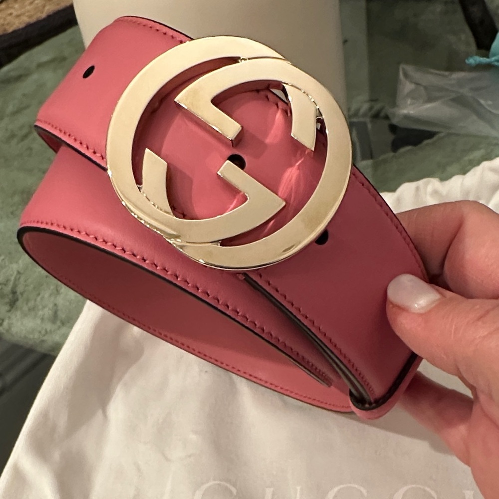 Authentic! New with Tag Gucci Pink Leather Gold Buckle Belt Dust Bag sz 80 / 32 - Picture 3 of 8
